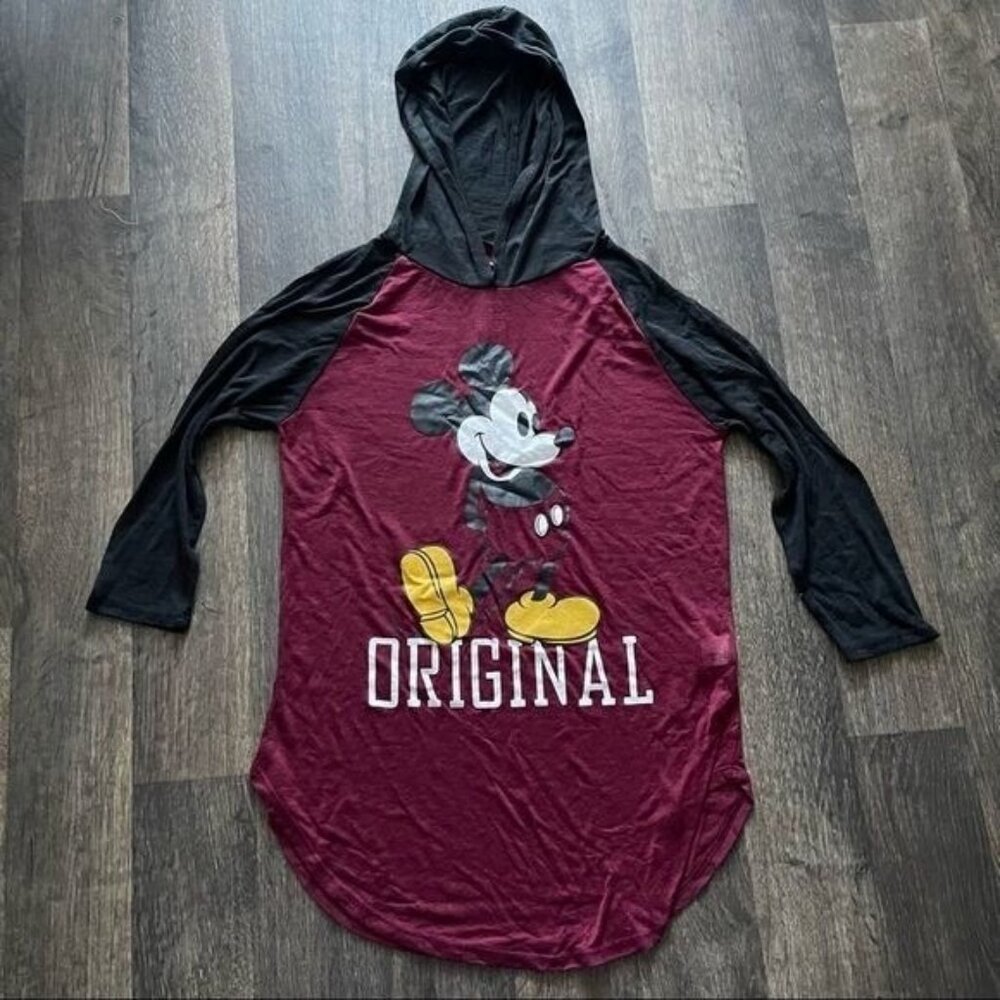 Disney Mickey Mouse Burgundy & Black Burn Out Hoodie Top 3/4THS Sleeves Size S - Picture 3 of 8
